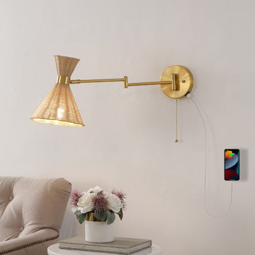 Lily 25" 1-Light Mid-Century Vintage Retro Rattan/Metal USB Charging Swing Arm LED Sconce with Pull Chain - JONATHAN Y